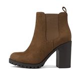 Soda Glove - Ankle Boot w/Lug Sole Elastic Gore and Chunky Heel, Chestnut Imitation Suede, 11