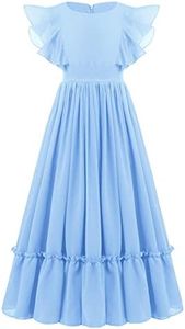 Flower Girl Flowy Ruffle Chiffon Trim A-Line Dress for Kid Wedding Junior Bridesmaid Communion Party Pageant Maxi Belted Gown, Light Blue, 6-7 Years