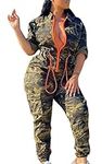 IUALXYBB Women's Casual Camouflage Long Jumpsuits Drawstring Waist Zipper Jogger Pants Set One-Piece Camo Work Out Rompers, Camo, Large