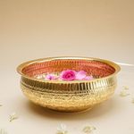 BEHOMA Classic Chitai Design Urli Bowl for Home Decor, Brass Embossed Round Tray for Living Room Dining Office Center Table Decoration Festival, Golden Finish, 10.2 Inches