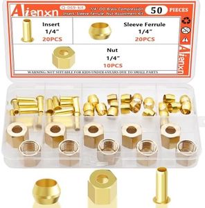 Aienxn 50PCS 1/4" Brass Compression Fittings Assortment kit, Insert, Sleeve Ferrule, Nut for Connecting air, Fuel, Water, Oil and inert Gases Lines