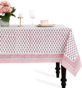 CPC Tablecloth 100% Cotton 72x190 Inch Indian Block Print Rectangle Table Cover, Pink Table Cloth for Weddings, Spring/Summer, Barbeque - Pink Sapphire