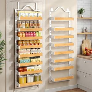 8-Tier Pantry Door Organizer, Over the Door Pantry Organizer with Wooden Adjustable Baskets, 2 IN 1 Spice Rack Wall Mount or Door Organizer, Door Spice Rack for Pantry(72.6×17.1×5.1in,White)