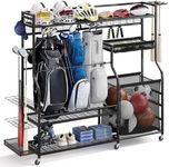 DWVO Sports Equipment Organizer, 3 Golf Bags Storage Stand with Wheels, Sport Gear Accessories Rack and Ball Organizer Bin for Garage