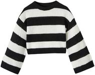 GORGLITTER Girl's Striped Sweaters Knit Long Sleeve Crewneck Color Block Sweater Jumper Black and White 11-12Y