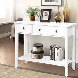 Artiss Console Table, Wood Side Hallway Tables, Desk Drawers Display Home Bedroom Office Living Room Entryway Furniture, with 3 Drawer Spacious Storage Shelf White