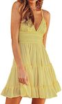 ECOWISH Summer Dresses for Women 2025 V-Neck Spaghetti Strap Bowknot Backless Sleeveless Lace Mini Swing Skater Dress Yellow Large