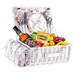 HYBDAMAI Wicker Picnic Basket for 4 with Waterproof Picnic Blanket and Insulated Cooler, Willow Hamper for Camping, Outdoors, Photoshoot, or a Birthday, Mother's Day, Wedding Gift, White