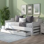 BTM Daybed, Trundle and Drawer, Cabin Bed, SIngle Guest Bed Sofa Bed, Pull out Trundle and Storage Drawer for Living Room and Bedroom - (3') 90 x190 cm - White