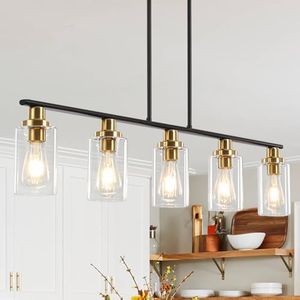 Heircido Island Light for Kitchen, 5 Lights Dining Room Lights Fixture with Clear Glass Shade, Matte Black and Gold Finish Pendant Lighting Over Table - ETL Listed