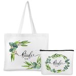 Weewooday 2 Pcs Bride Gifts Bride Tote Bag with Makeup Bag Set Bride Wedding Canvas Tote Cosmetic Bag for Girls Women Wedding Day Engagement Bridal Party shower Travel Gift