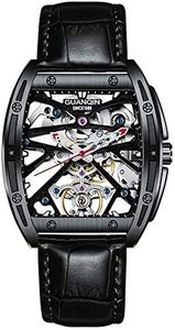 Guanqin Men Skeleton Automatic Self Winding Mechanical Wrist Watch with Leather Band (Black)