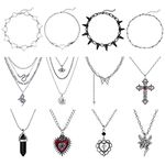 Morfetto 10/12PCS Grunge Necklace Set for Women Goth Grunge Jewelry Gothic Cross Saturn Thorns Gothic Angel Heart Wing Chain Choker Necklace Teen Girls Y2k Goth Accessories