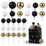 Gyufise 30Pcs Black White Gold Ball Cake Toppers Mini Balloon Cupcake Toppers DIY Foam Ball Cake Insert Decoration for Wedding Anniversary Birthday Party Supplies