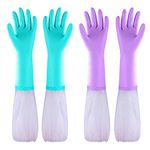 Eygood Latex-Free Washing Up Gloves, Long Sleeve Household Gloves with Cotton Lining, Kitchen Cleaning Gloves (1 Pack of 2 Pairs Blue + Purple) (Medium)