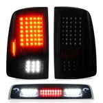 Tail Light + 3rd Third Brake Cargo Lamp for Dodge Ram 1500 2009-2010, Ram 2500 & 3500 2010, Ram 1500 & 2500 & 3500 2011-2018, High Mount Stop Light Rear LED Taillight Assembly, 55277302AC, 55277303AC