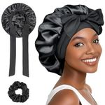 1PC Satin Bonnet, Silk Sleep Bonnets for Women, Adjustable Satin Night Sleeping Cap Soft Elastic Band Silk Bonnets for Sleeping, Hair Bonnet with Tie Band for Curly Hair Braid Women Black