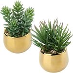 Briful 2 PCS Fake Plants Artificial Succulent Plants, Faux Succulents in Geometric Gold Ceramic Pots Fake Succulent Indoor Plants for Home Office Bathroom Bedroom Decor