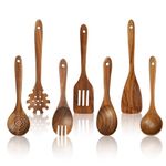 comfoyar Teak Wooden Kitchen Utensil Set, 7 Pcs Kitchen Cooking Utensils Set with Spatula and Ladle, Wooden Spoons for Cooking, Heat Resistant Cookware Accessories for Nonstick Pan