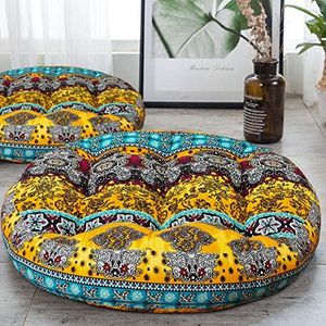 HIGOGOGO Round Bohemian Floor Cushion, Cotton Linen Boho Design Seat Cushion for Adults Kids, Thick Meditation Pillow for Yoga Living Room Sofa Balcony Outdoor, Yellow, 22x22 Inch, 1 Pack
