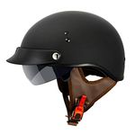VCAN Cruiser Solid Flat Black Half Face Motorcycle Helmet with Drop-Down Sun Visor, Removable Peak and Quick Release Buckle (Large)