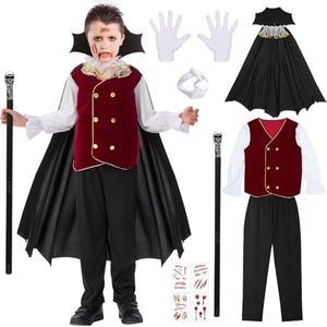Déguisement Vampire Enfant Garçon, Déguisement Halloween Enfant avec Costumes Gothiques et Canne de Vampire, Déguisement Carnaval Enfant, Cosplay Costume Vampire Enfant pour Carnaval Halloween (L)