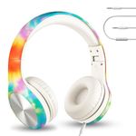 LilGadgets Connect+ Pro Girls Headphones for School - Designed with Kids' Comfort in Mind, Foldable Over-Ear Headset with in-line Microphone, Headphones for Kids for School, Tie Dye Rainbow