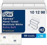 Tork Xpress Extra Soft Multifold Hand Towel White with Blue Leaf H2, Premium, 4-Panel, High Performance, Absorbent, 2-Ply, 16 X 94 Sheets, 101298
