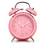 LATEC Twin Bell Alarm Clock with Backlight, 4" Stereoscopic Dial, Battery Operated Loud Alarm Clock, No Ticking, Noiseless, Retro Bell Alarm Clock, Quartz Drive (Pink)