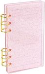 Buqoo 6 Ring Binder, A6 Clear Glitter Pink Acrylic Planner Budget Binder Notebook Cover, Gold Metal Round Ring, Waterproof Durable Binder Notebook with 45 Sheets Lined Inner Papers