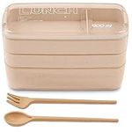 CUQOO Bento 3-in-1 Compartment Box for Kids and Adults in Beige – Leakproof, Microwave & Dishwasher Safe Includes Spoon and Fork | Bento Easy to Carry Lunch Box for Suitable for School, Work & Picnics