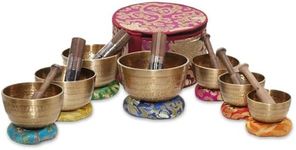 Sanskar Nepal - Tibetan Singing Bowl Set of 7, Handcrafted Singing Bowl for Meditation & Holistic Healing, Yoga Accessories, 3-5” Gold Singing Bowls with Wooden Striker, Cushion & Purple Carry Box