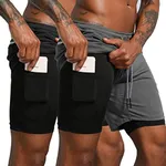 Leidowei Men's 2 in 1 Workout Running Shorts Lightweight Training Yoga Gym 7" Short with Zipper Pockets Black/Dark Grey M