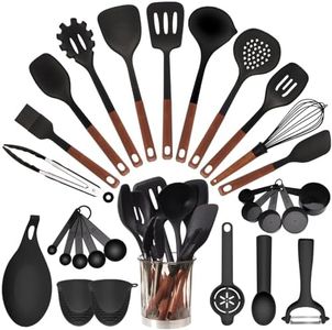Silikon Küche Kochutensilien Set, 28-teiliges Hitzebeständig Kochutensilien mit Utensilienhalter, Antihaftbeschichtet BPA-frei Spülmaschinenfest, Wender Zange Schneebesen Kelle Löffel (Schwarz)