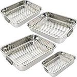 Stainless Steel Roasting Trays Oven Pan Dish Meat Baking Roaster Tin Tray Removable Grill Rack Foldable Handles Easy to Use (Small: 27 x 20 x5cm)