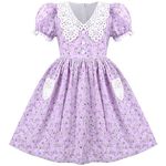 Sunny Fashion Girls Dress Purple Floral Lace Pocket Vintage Puff Sleeve Classic Retro 8 Years