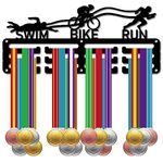 CREATCABIN Triathlon Medal Holder Medal Hanger Display Rack Swim Bike Run Sports Metal Hanging Awards Iron Small Mount Decor Awards for Wall Badge Race Runner Marathon Medalist Black 11.4 x 4.9 Inch