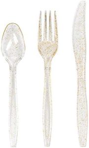 MATANA 300 Gold Glitter Plastic Silverware Set 100 Spoons 100 Knives 100 Forks, Heavy Duty Clear Plastic Cutlery Set Party Utensils for Wedding Receptions, Birthday Parties, Banquet & Catering