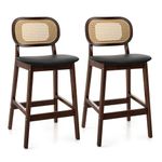 COSTWAY Bar Stools Set of 2, PU Leather Upholstered Bar Chairs with Rattan Backrest, Footrest & Anti-slip Foot Pads, Wooden Counter Height Breakfast Dining Chairs for Kitchen Island Bar