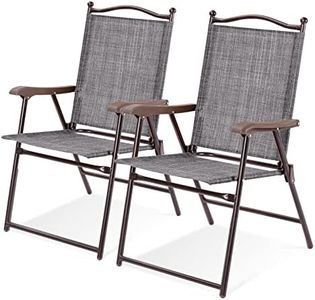 Costway Set of 2 Patio Folding Chairs, Indoor Outdoor Folding Chairs with Armrests, Steel Frame, Weather Resistant Portable Dining Seating Textilene Lounge for Lawn, Backyard, Deck (Gray)