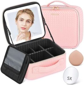 Aiborke Travel Makeup Bag with Led Mirror Makeup Case with Lighted Mirror Cosmetic Organizer bag with Adjustable Dividers and 5X Magnifying Mirror Gift for Women (Pink)
