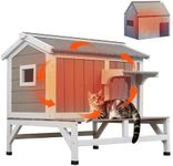 PetsCosset Insulated Cat House Outdoor with Balcony All-Round Insulation Weatherproof Outside Feral Cat Shelter for Winter, Wooden Pet House with Raised Base and Openable Roof for Cats & Small Animals