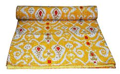 YUVANCRAFTS Indian Handmade Ikat Print Kantha Quilt Queen Size Pure Cotton Kantha Throw Vintage Kantha Bedspread Blanket (Yellow, Twin Size)