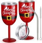 Ziliny 2 Pcs Christmas Stainless Steel Wine Glasses Cups with Lids Santa Belt Double Wall Insulated Unbreakable Goblets Insulated for Christmas Holiday Wedding Home Party Gift Supplies