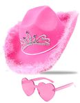 Cowboy Hat Pink Cowgirl Hat with Sequins & Tiara Crown for Women Rodeo Party Hats with Heart Glasses (Pink)