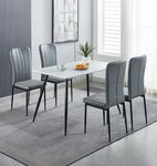 Hallowood Furniture Cullompton Small Dining Tables and Chairs Set of 4, White Marble Effect Dining Table (120x70cm) & Light Grey Faux Leather Chairs, Dining Room Set for Home, Cafe