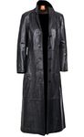 Women's Black Lambskin Leather Trench Coat, 60’s Overcoat, Ankle-Length, Long coat, Black Glossy, Medium