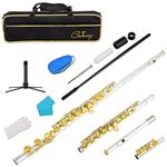 Cadway New C Flutes Closed Hole 16 Keys Flute for Beginner Kids Student Flute Instrument with Cleaning Kit, Stand, Gloves, Tuning Rod,Carrying Case, (Silver gold)