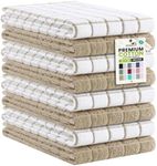 Kitinjoy Premium Kitchen Towels (16"x 28", 8 Pack), Large 100% Cotton Terry 390 GSM Kitchen Hand Towels, Ultra Absorbent Check Design Tea Towels Set with Hanging Loop, Tan