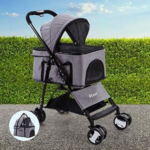 i.Pet Pet Stroller, Double Cat Dog Carrier Backpack Travel Strollers Pram Seat Trolley Outdoors Transport Carriers, Folding with 4 Wheels Water Resistance Grey